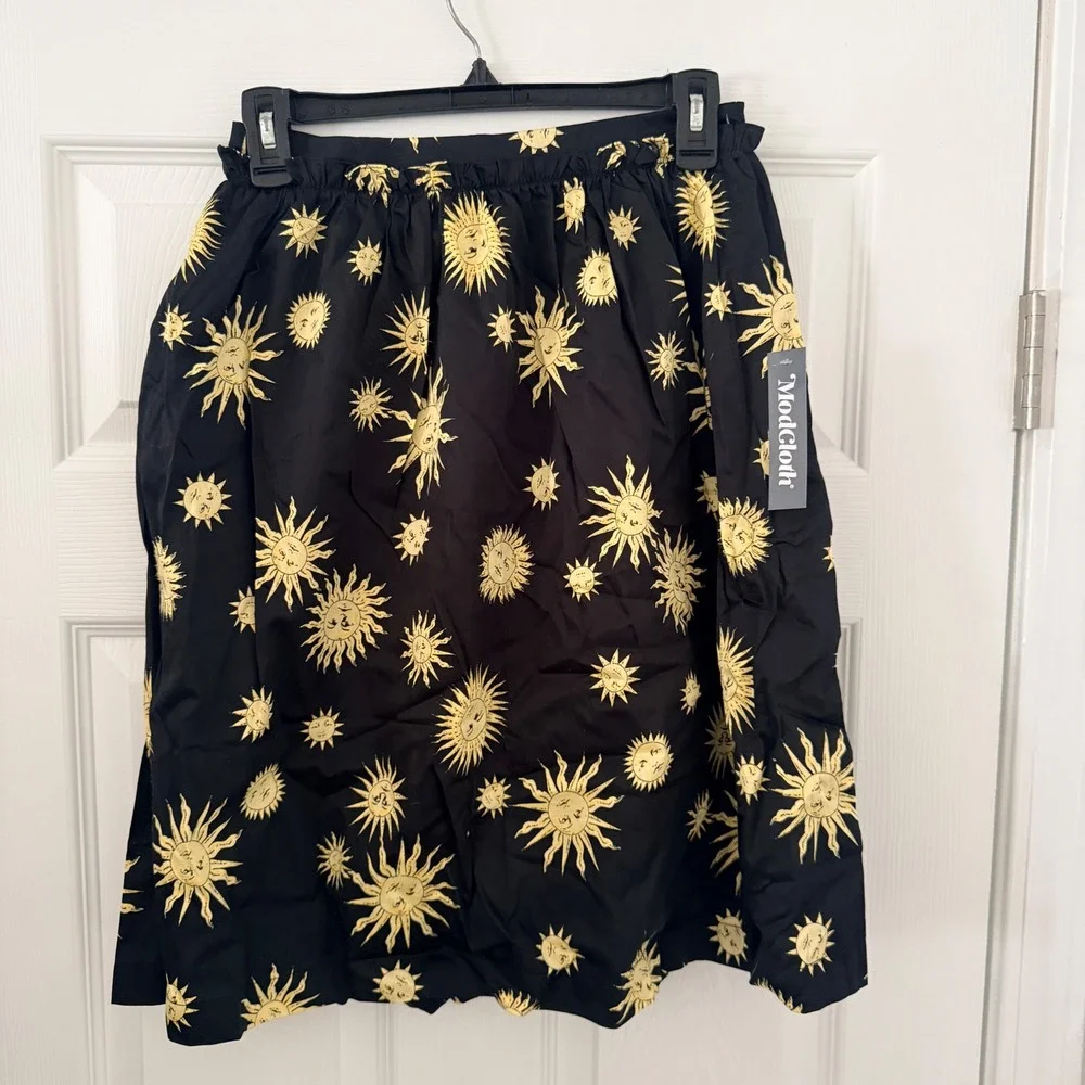 ModCloth Sun Celestial Print‎ Cotton A-Line Skirt Black Yellow Paperbag Waist 2